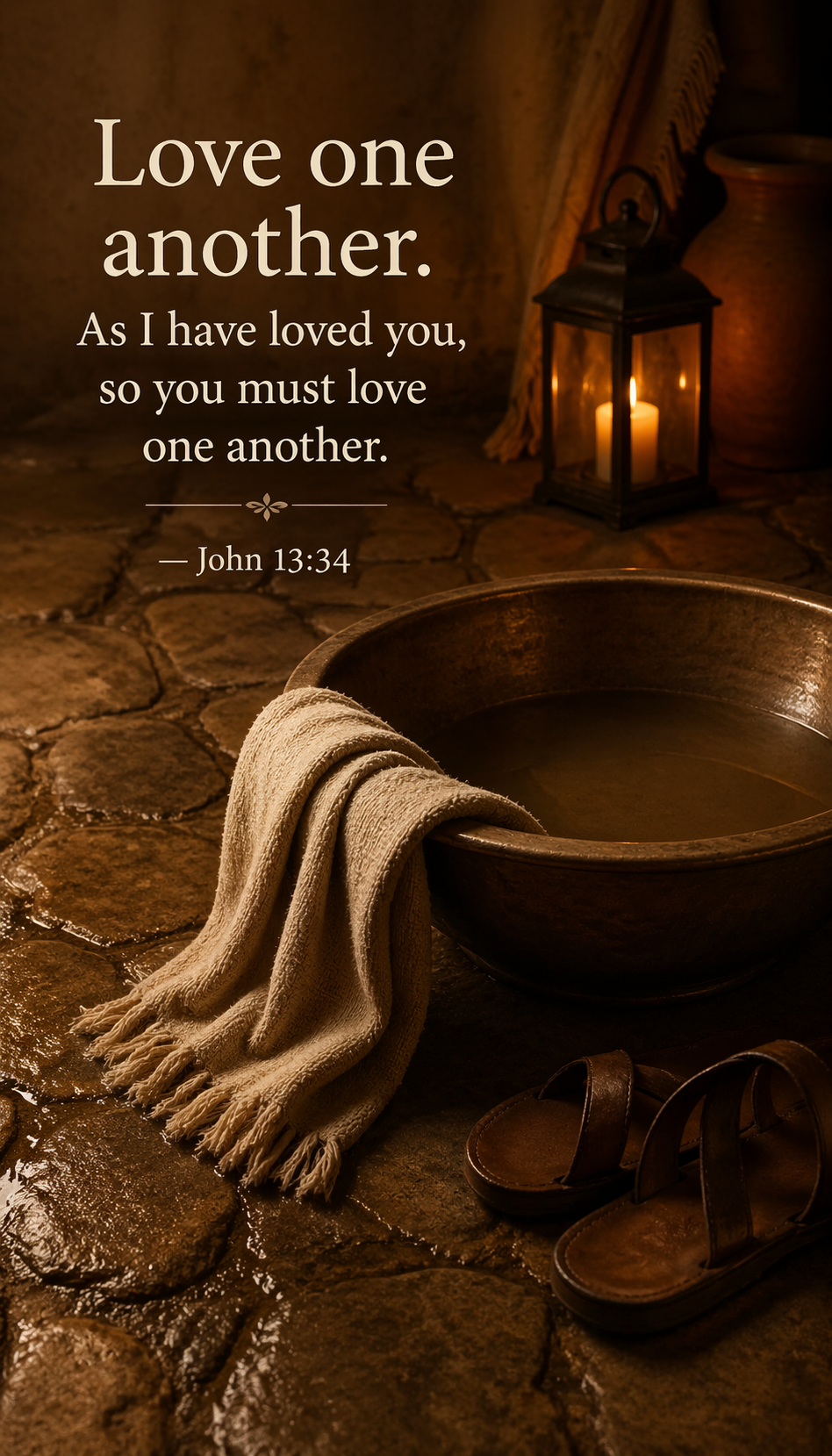 Bible verse John 13:34 Love one another basin and towel foot washing vertical wallpaper